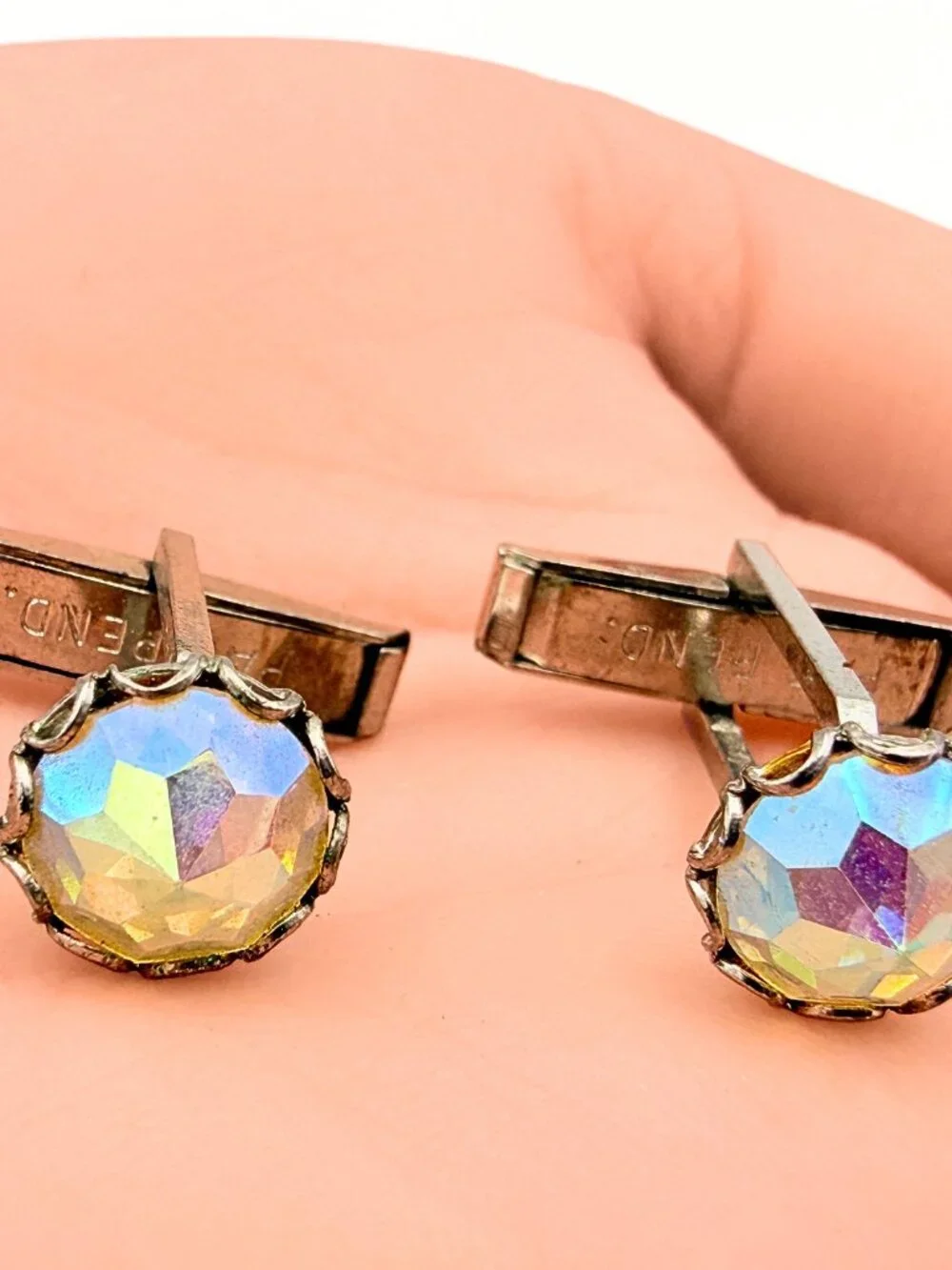 MCM Marked Pat Pend AB Crystals Silver Plated Evening Wear Cufflinks